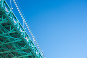 minimalist view of bridge structure against blue sky.