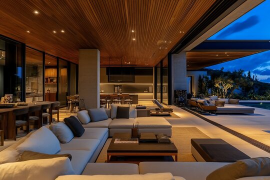 Modern luxury home's outdoor living space at dusk, featuring a seamless transition between indoor and outdoor areas with a large sectional sofa, dining area, and infinity pool.