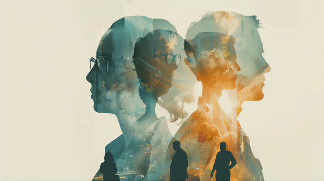 Collage silhouette of a group of business people double explosure sunlit image. Board of directors corporate structure governance team. 