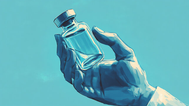 Hand holding vial fluid. Hand model medicine vial.  Clandestine lab with vaccine bottle. Pandemic, hepatitis B vaccine vial. Fight the flu drug delivery immunization shot vaccine dose.