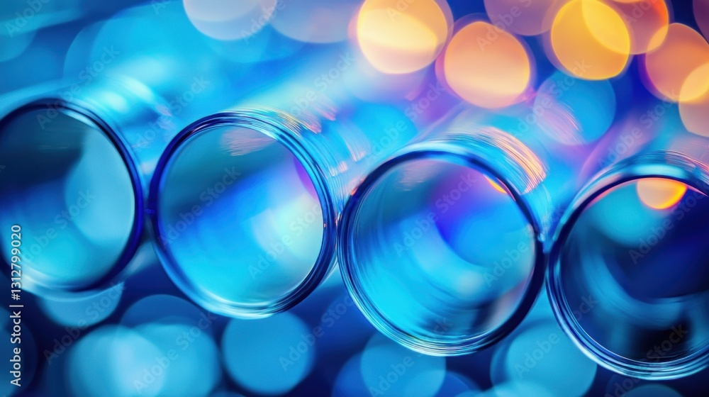 Poster close-up of four empty test tubes against a bokeh background.