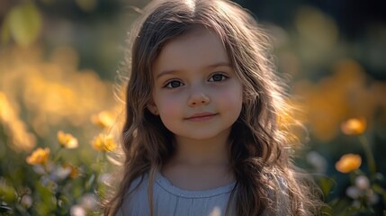 Fototapeta premium Golden girl with hair blowing in the wind, surrounded by a field of dandelions.