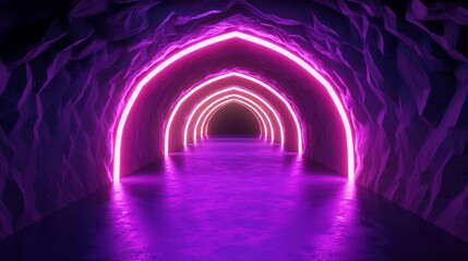 Fototapeta premium Glowing neon arches in a dark cave.
