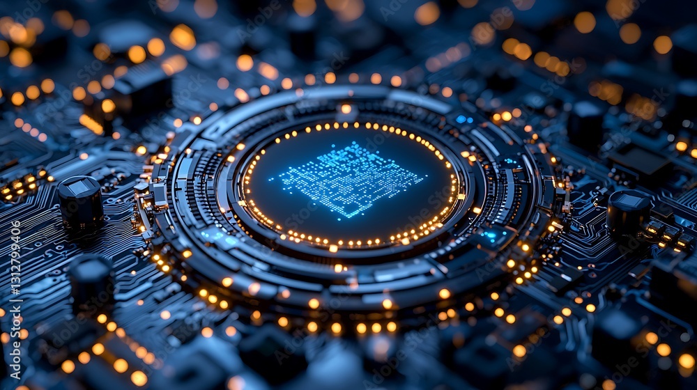 Poster glowing blue microchip futuristic circuit board technology ai innovation