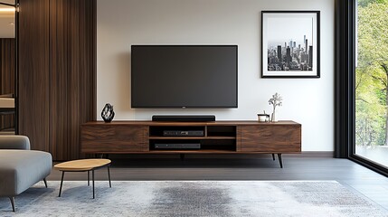 A stylish TV stand in a modern living room setting, leaving space for banner text. Furniture