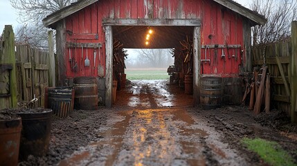Muddy Farm Shed Entrance on a Cloudy Day