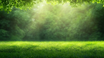 Naklejka premium A bright and vivid green grassy meadow under sunlit forest
