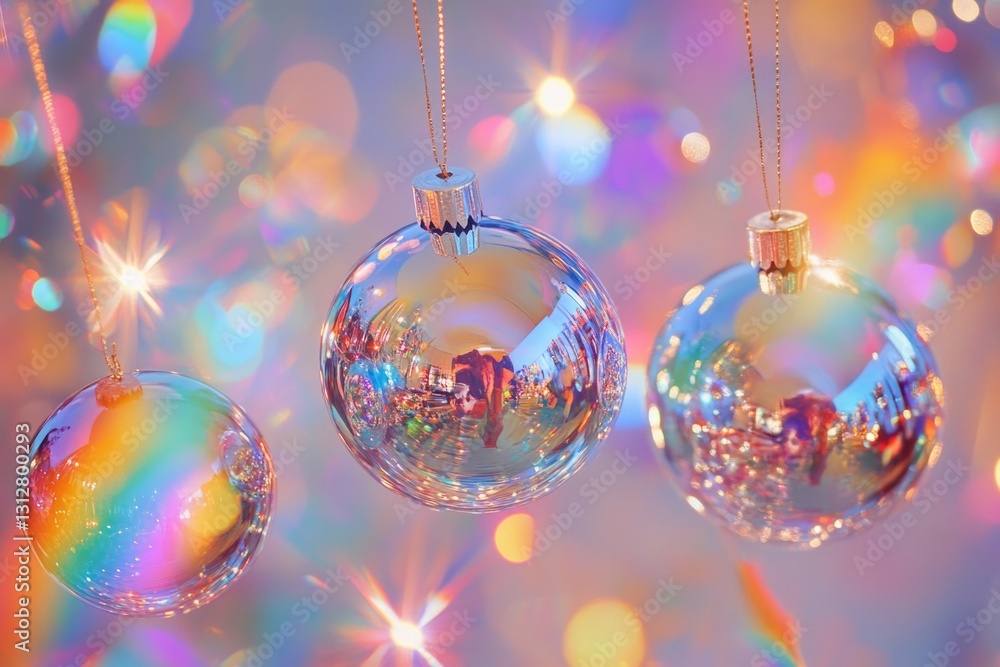 Poster three colorful glass ornaments hanging from a string, reflecting the light and creating a festive at