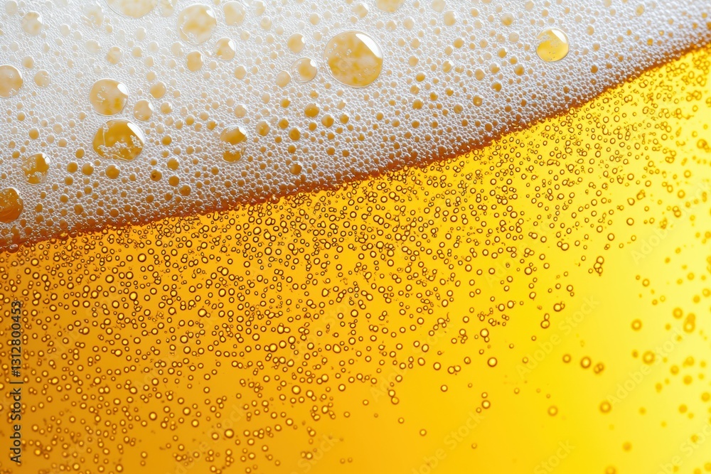 Poster golden beer with foam head and bubbles forming an interesting texture, ideal for backgrounds or beve