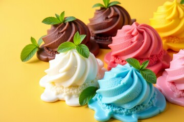 Creamy frozen treats in multiple flavors sit together with aromatic mint garnishes creating an irresistible dessert assortment.