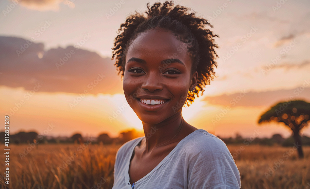 Poster smiling woman with curly hair is standing in a field with a tree in the background. the sky is orang