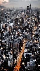 Fototapeta premium Urban skyline under night with digital connections