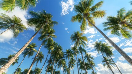 Obraz premium Tropical Paradise: A Low-Angle View of Majestic Palm Trees Against a Vivid Blue Sky