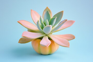A small plant is sitting in a pumpkin. The pumpkin is orange and the plant is green. The pumpkin is placed on a blue background
