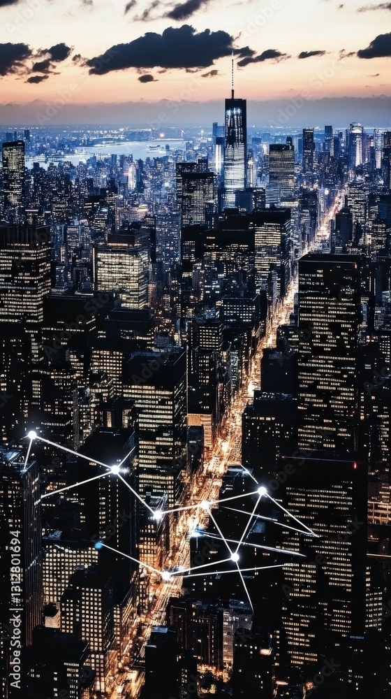 Poster skyline view showcasing network with technological links.