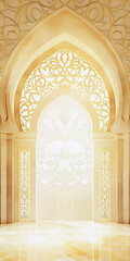 Obraz premium Golden Islamic arch with intricate patterns and warm light. Concept of spiritual elegance and tradition