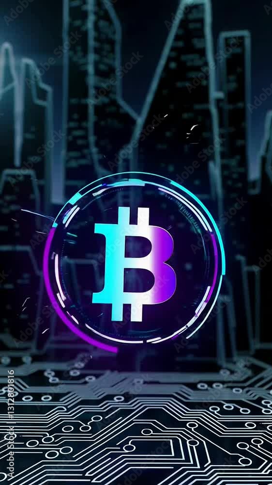 Poster futuristic bitcoin circuit animation with neon cityscape background in motion