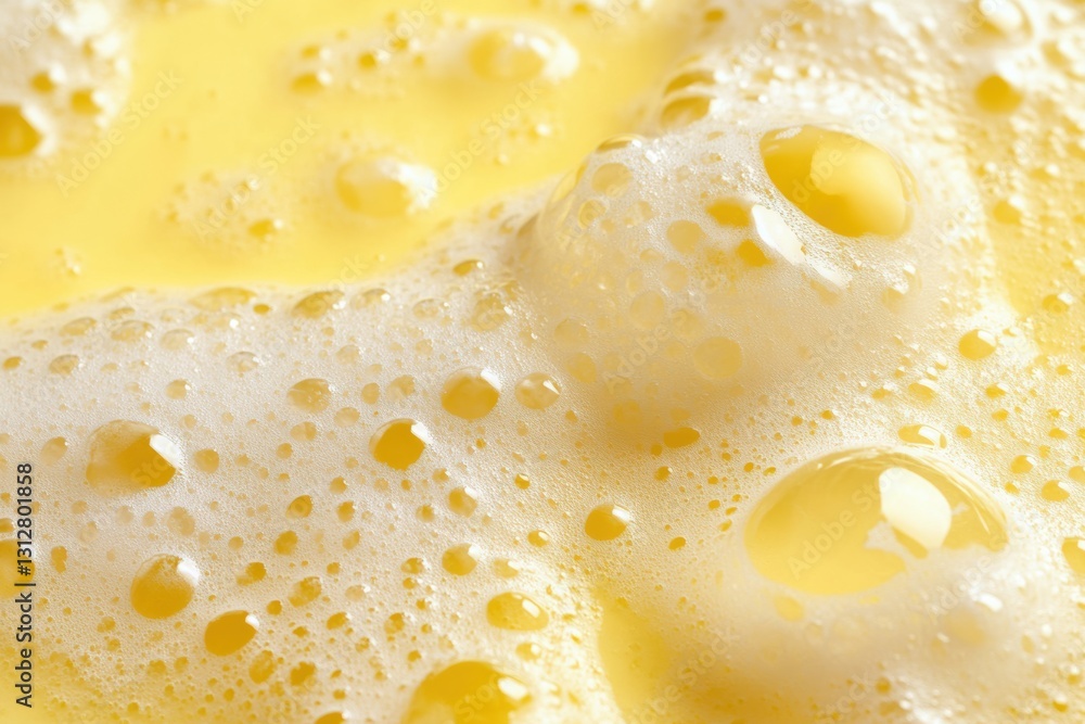 Poster Beer foam forming bubbles on a yellow background, creating a refreshing and inviting visual