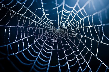 Dew-covered spiderweb at night, intricate design, dark background.