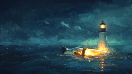 Luminous message in bottle floats near a glowing lighthouse at night on a dark sea.