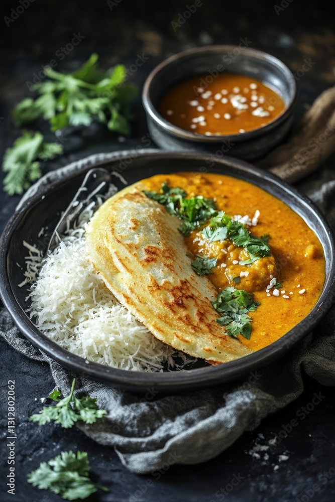 Aufkleber a plate of food with rice and a flatbread on top. the flatbread is topped with a sauce and garnished