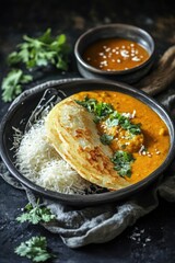 A plate of food with rice and a flatbread on top. The flatbread is topped with a sauce and garnished with parsley. The plate is set on a table with a bowl of soup in the background