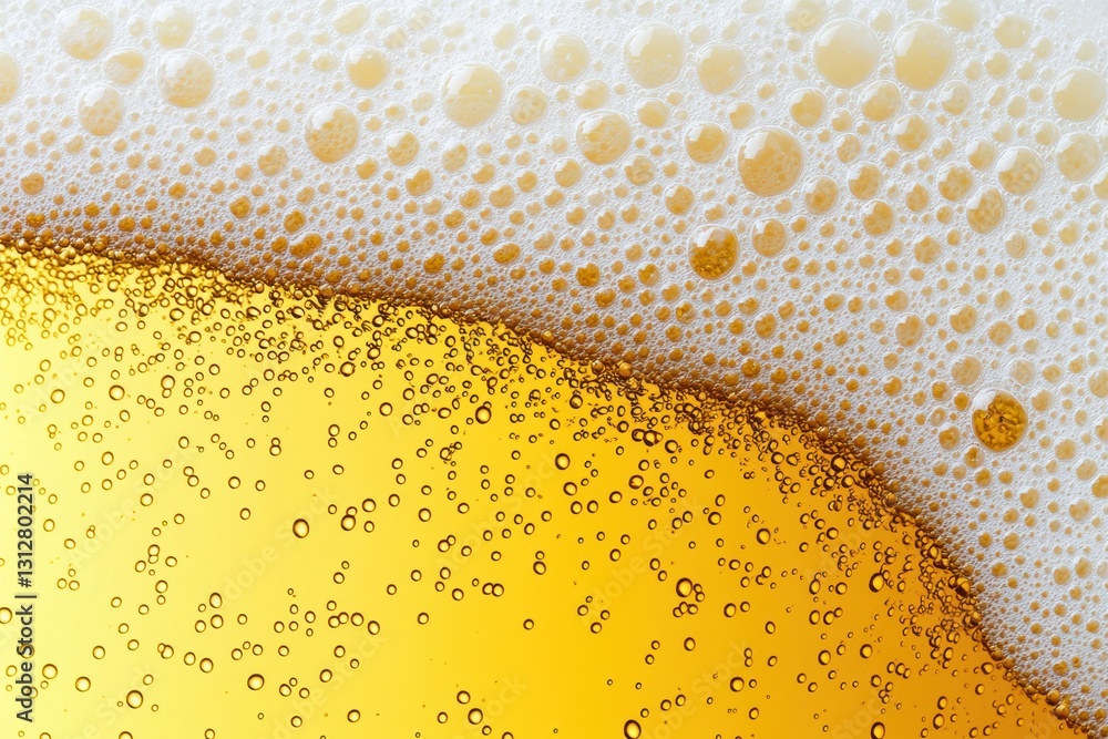 Poster Macro photograph highlighting intricate beer foam and carbonation bubbles against a vibrant yellow backdrop, creating appealing texture