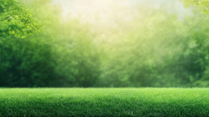 Fototapeta premium Green lawn with trees and a bright shining light coming through