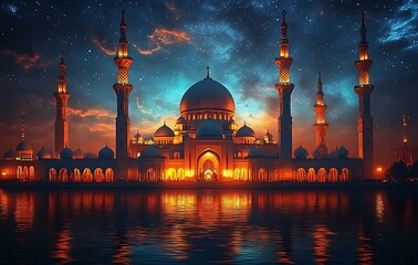 Naklejka premium Majestic Illuminated Mosque at Night with Reflections on Water