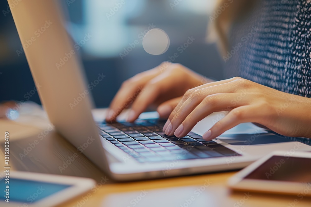 Poster female hands typing on a laptop keyboard in a modern office setting, engaging with various digital d