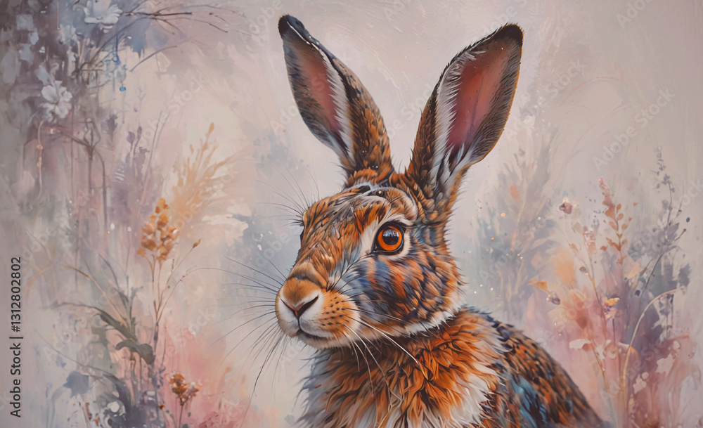 Poster painting of a rabbit with brown ears and a brown face. the rabbit is looking at the camera