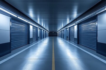 Fototapeta premium Modern storage facility with illuminated corridor and metal doors at nighttime