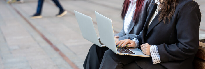 Businesswomen, partners working on laptops in the park