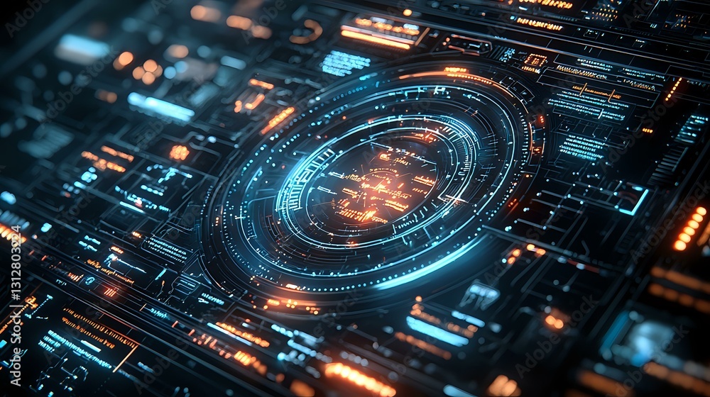 Poster futuristic digital interface with glowing circular elements and technological patterns in blue and o