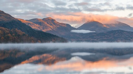 Fototapeta premium Misty sunrise over calm lake reflecting autumnal mountains.