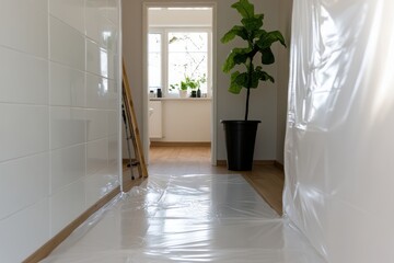 A well-prepared hallway is covered in plastic sheeting, ensuring protection during a home renovation project, highlighting readiness for a fresh start and revitalization.