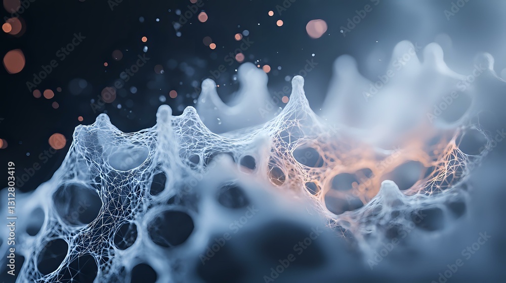Poster microscopic view of organic cellular structure with interconnected mesh network in blue and orange t