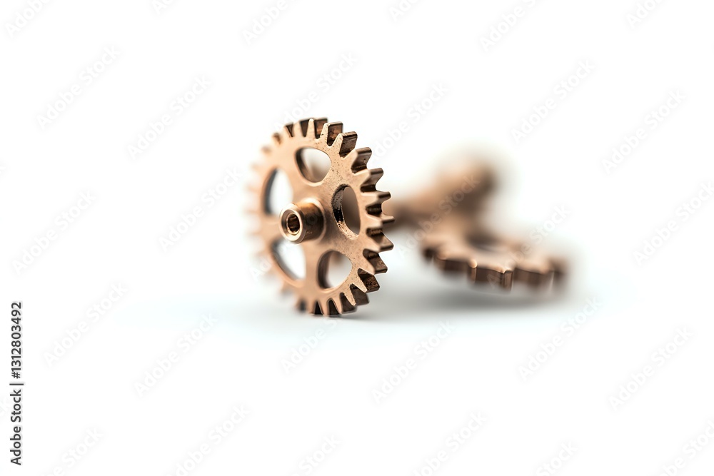 Poster copper mechanical gears on white background with selective focus and shallow depth of field, industr