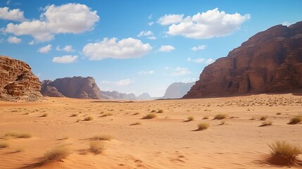 Naklejka premium Vast, sandy desert landscape under a bright blue sky with scattered clouds and rocky mountains in the distance.