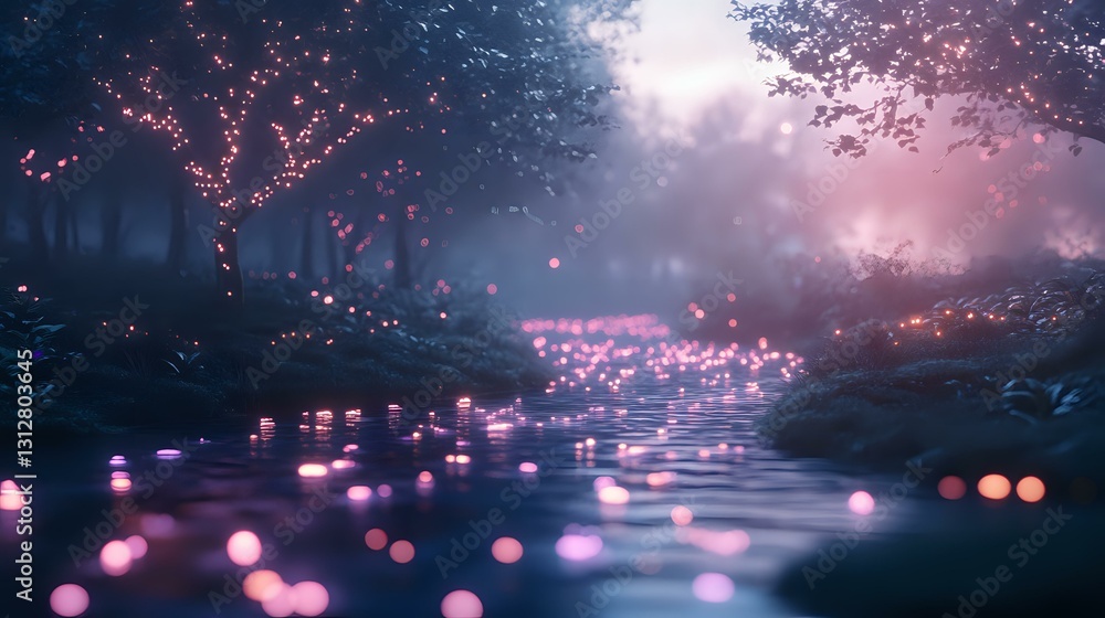 Poster mystical forest stream with glowing pink orbs floating on water surface amid foggy twilight atmosphe