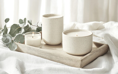 Speckled White Candles on Wooden Tray with Eucalyptus