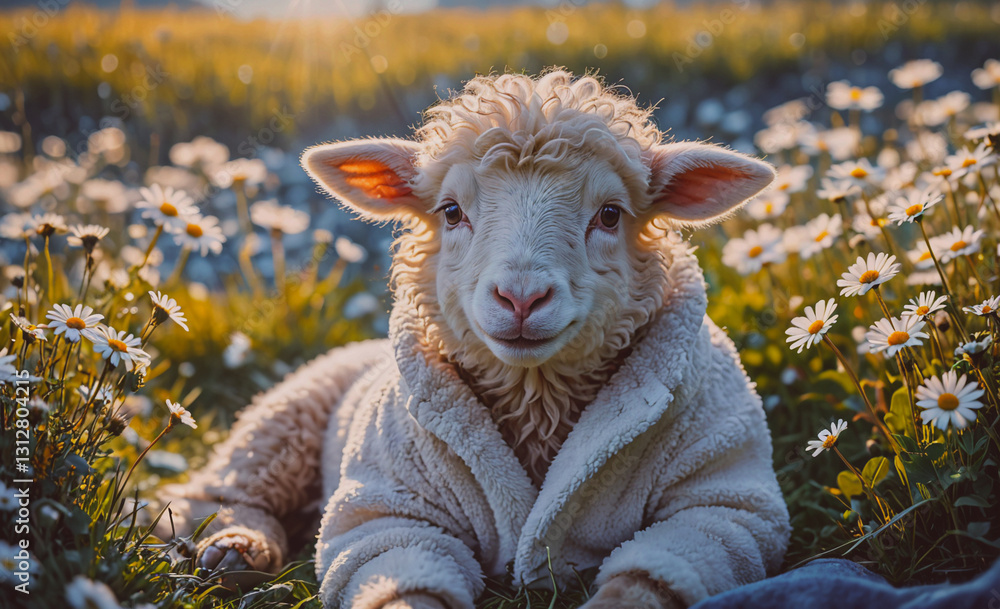 Poster sheep is laying in a field of flowers and wearing a white jacket. the sheep is smiling and he is enj