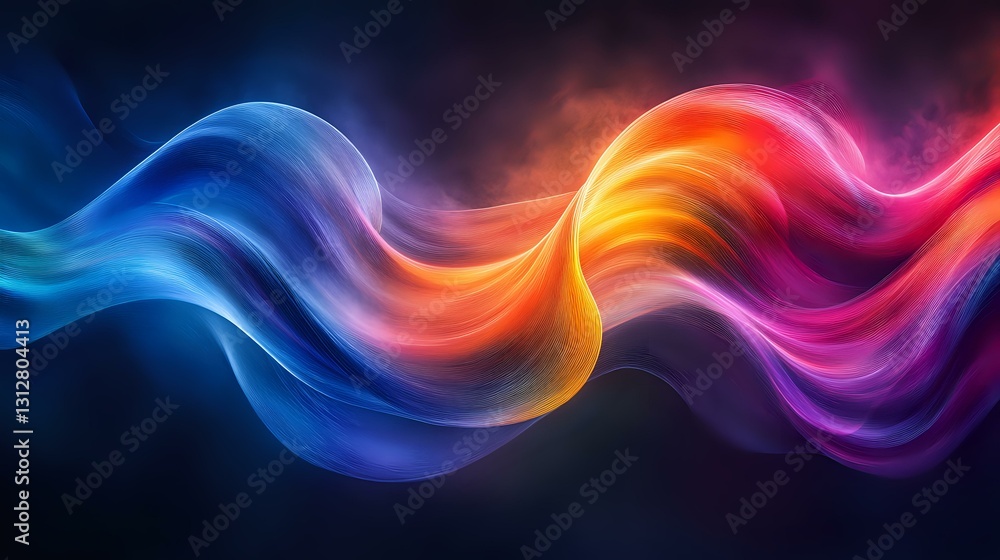 Poster vibrant flowing waves of colorful light creating dynamic abstract curves against dark background, fe
