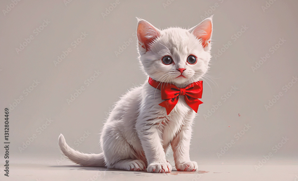 Poster white kitten with a red bow tie is sitting on a white surface. concept of innocence and cuteness, as