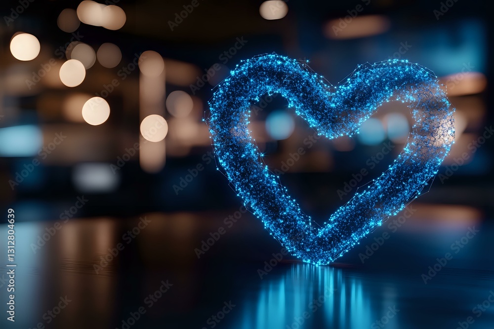 Poster glowing blue heart shape formed by luminous particles floating in dark space with bokeh lights and r