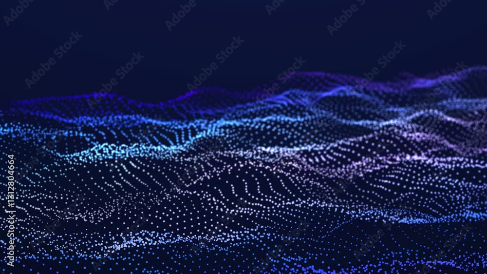 Poster Abstract flow of luminous particles on dark background. Movement of colored dots. Big data visualization. 3D rendering. Seamless loop. 4k	