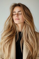 Naklejka premium Young woman with flowing blonde hair and closed eyes expressing serenity and peace against neutral background, wearing beige coat. Natural beauty concept.