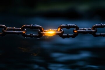 Rusty Metal Chain Link Strength Connection Water Drops Sparking Dark Symbol