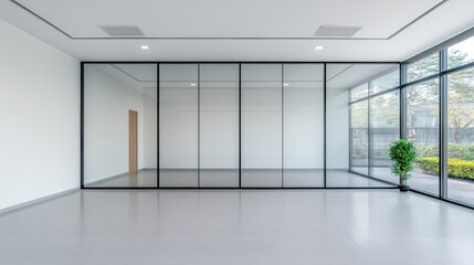 Modern Office Interior Design: Empty Room with Glass Partition and Large Windows