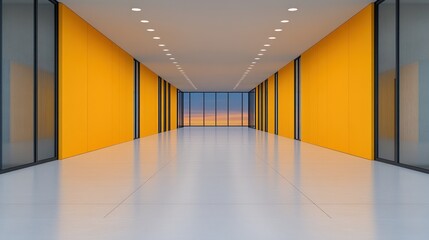 Modern Office Corridor with Yellow Walls and Sunset View
